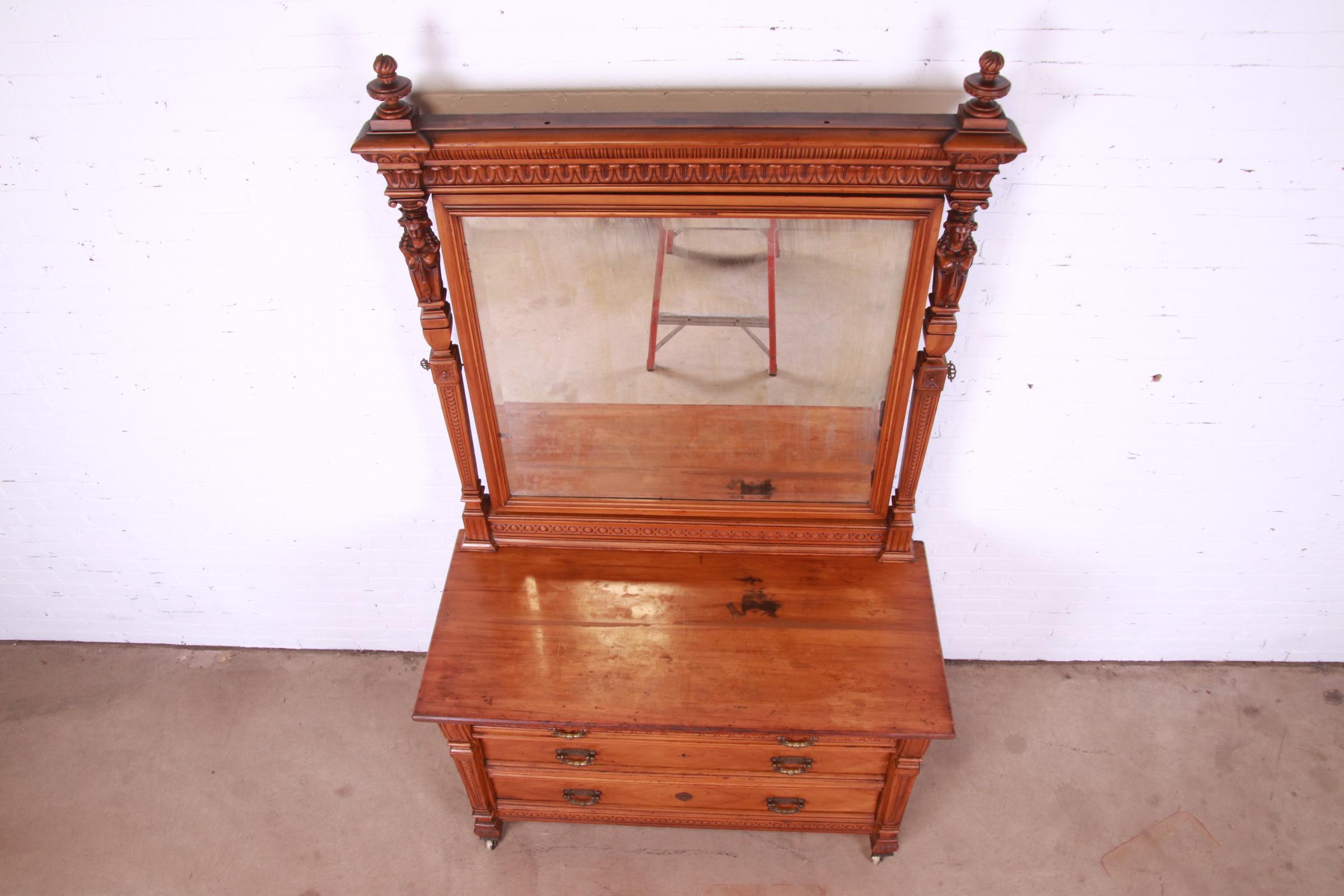 Antique Victorian Ornate Carved Walnut Dresser with Mirror Attributed to Horner For Sale 5