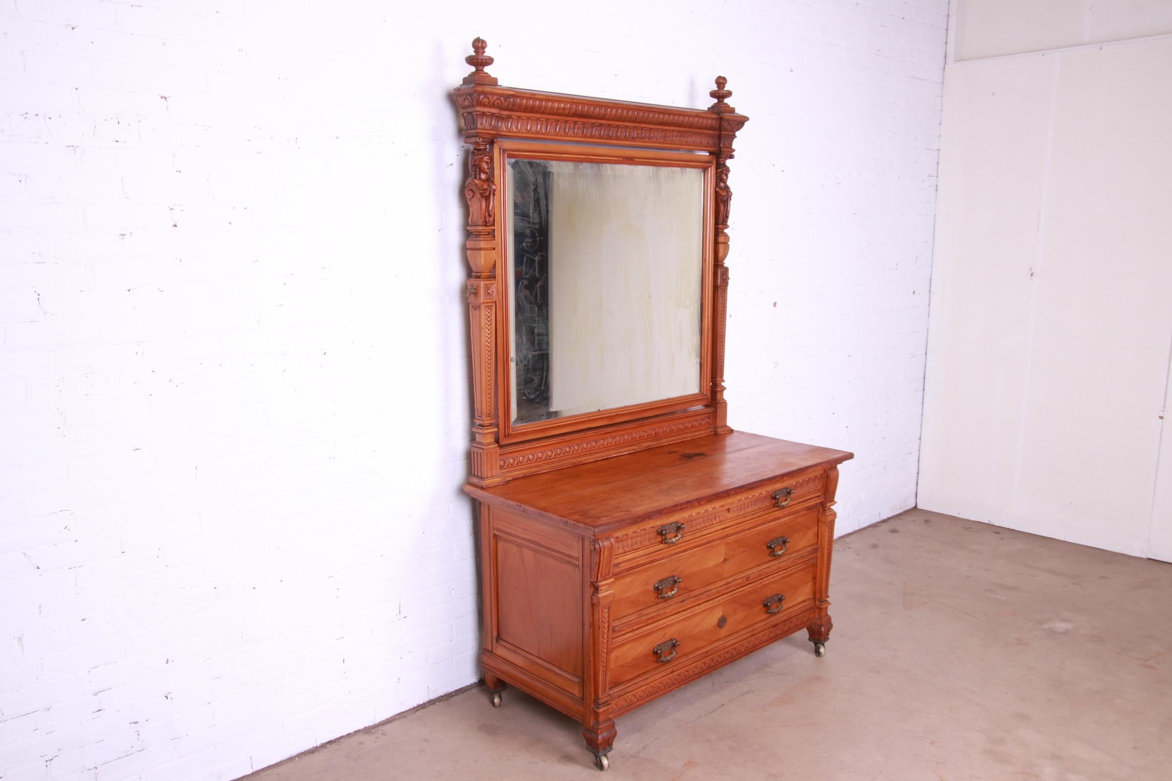 American Antique Victorian Ornate Carved Walnut Dresser with Mirror Attributed to Horner For Sale