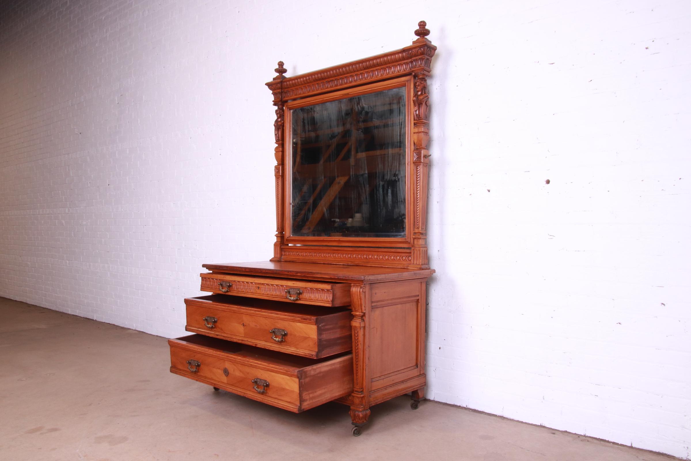 Brass Antique Victorian Ornate Carved Walnut Dresser with Mirror Attributed to Horner For Sale