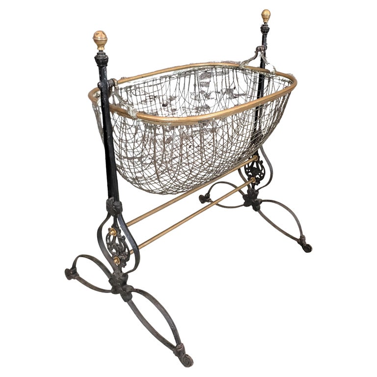 Antique Victorian Ornate Cast Iron and Brass Swinging Baby Cradle or