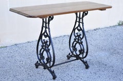 Antique Victorian Ornate Cast Iron Double Pedestal Base Side Table with Wood Top