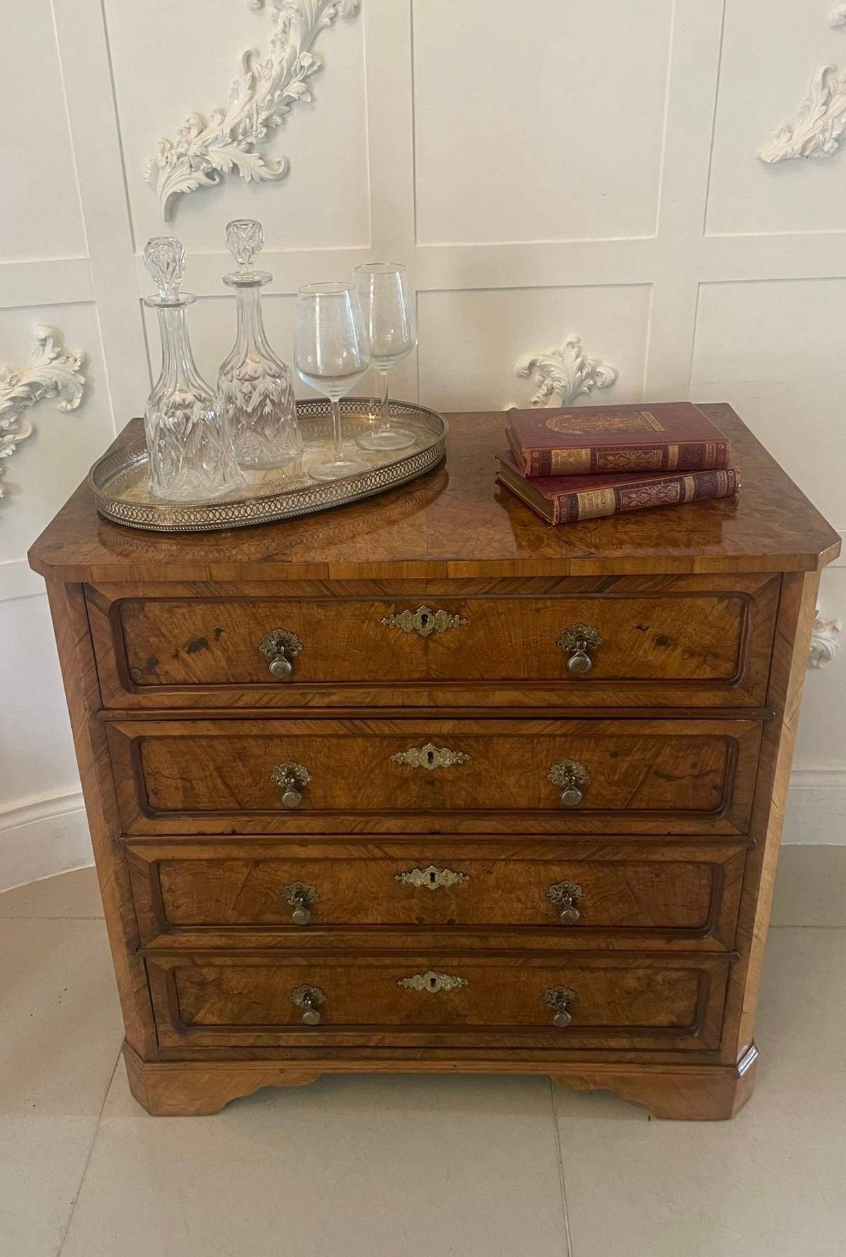 Ancienne commode victorienne à quatre tiroirs en ronce de noyer de qualité exceptionnelle, avec un plateau en ronce de noyer de qualité supérieure au-dessus de quatre tiroirs en ronce de noyer à bord mouluré, poignées et écussons en laiton joliment