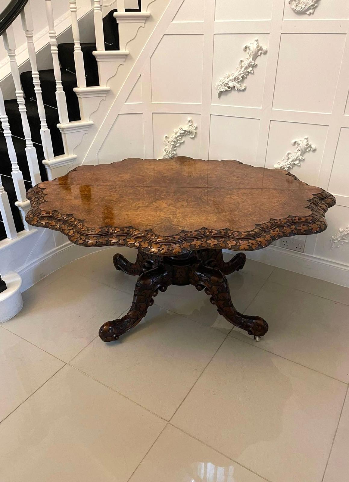 English Antique Victorian Outstanding Quality Carved Burr Walnut Centre/Dining Table  For Sale