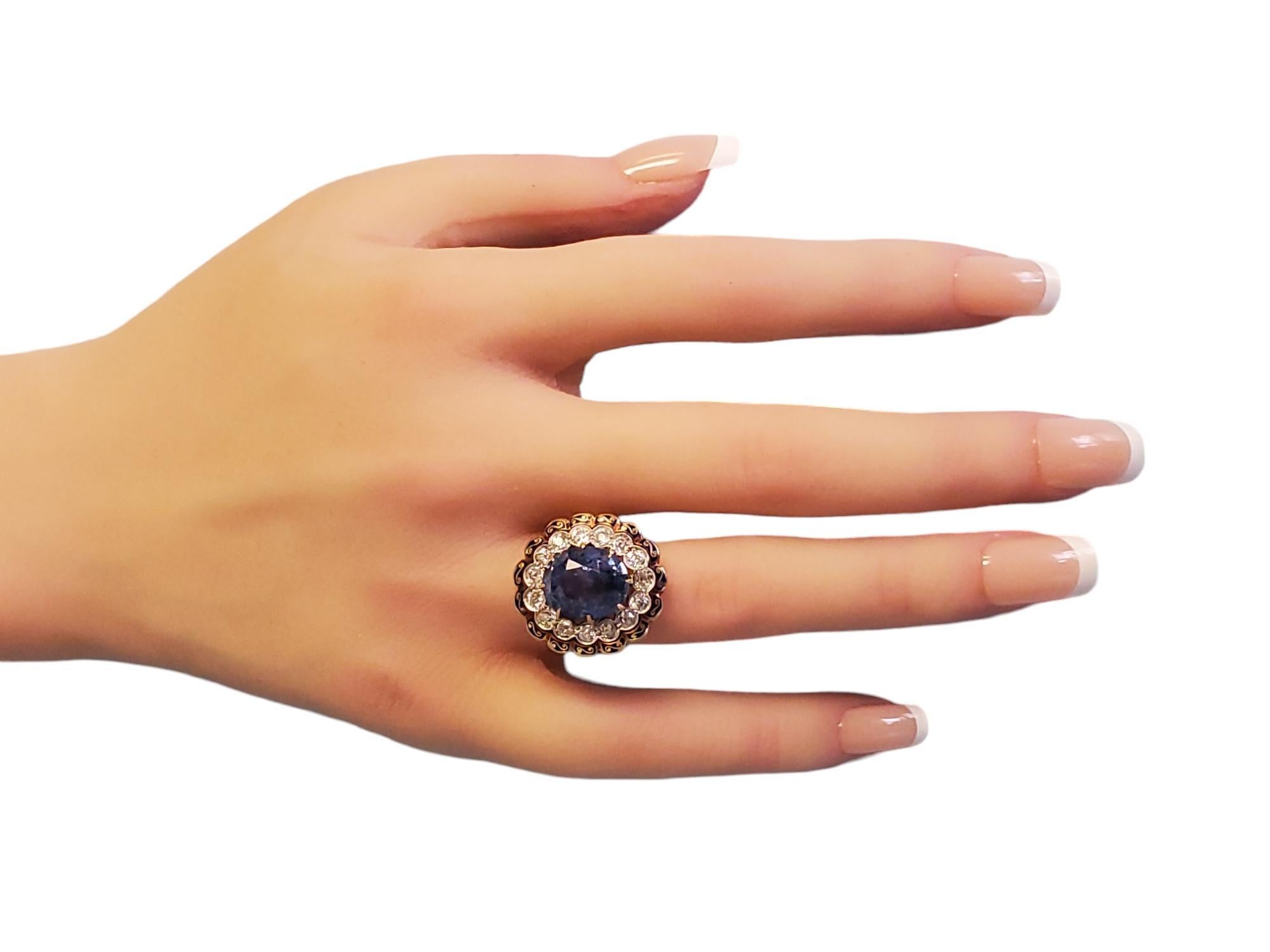 Listed is a spectacular Estate Antique Victorian oval sapphire ring. The center stone is 12.54x10.54 and weighs 9.19ct w/ Sri Lanka origin and no heat from GIA. A stone this large and blue without any heat treatment is rare. There are 15 white old