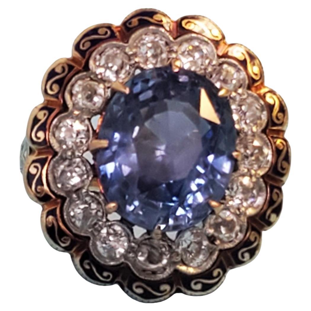Antique Victorian Oval Blue Sapphire Sri Lanka No Heat 9.19ct, 2.5tcw Diamonds For Sale