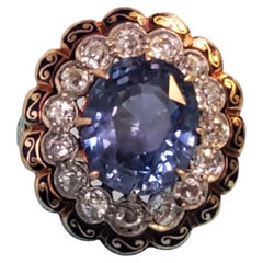 Antiker viktorianischer ovaler blauer Saphir Sri Lanka unbehandelter 9,19ct, 2,5tcw Diamanten