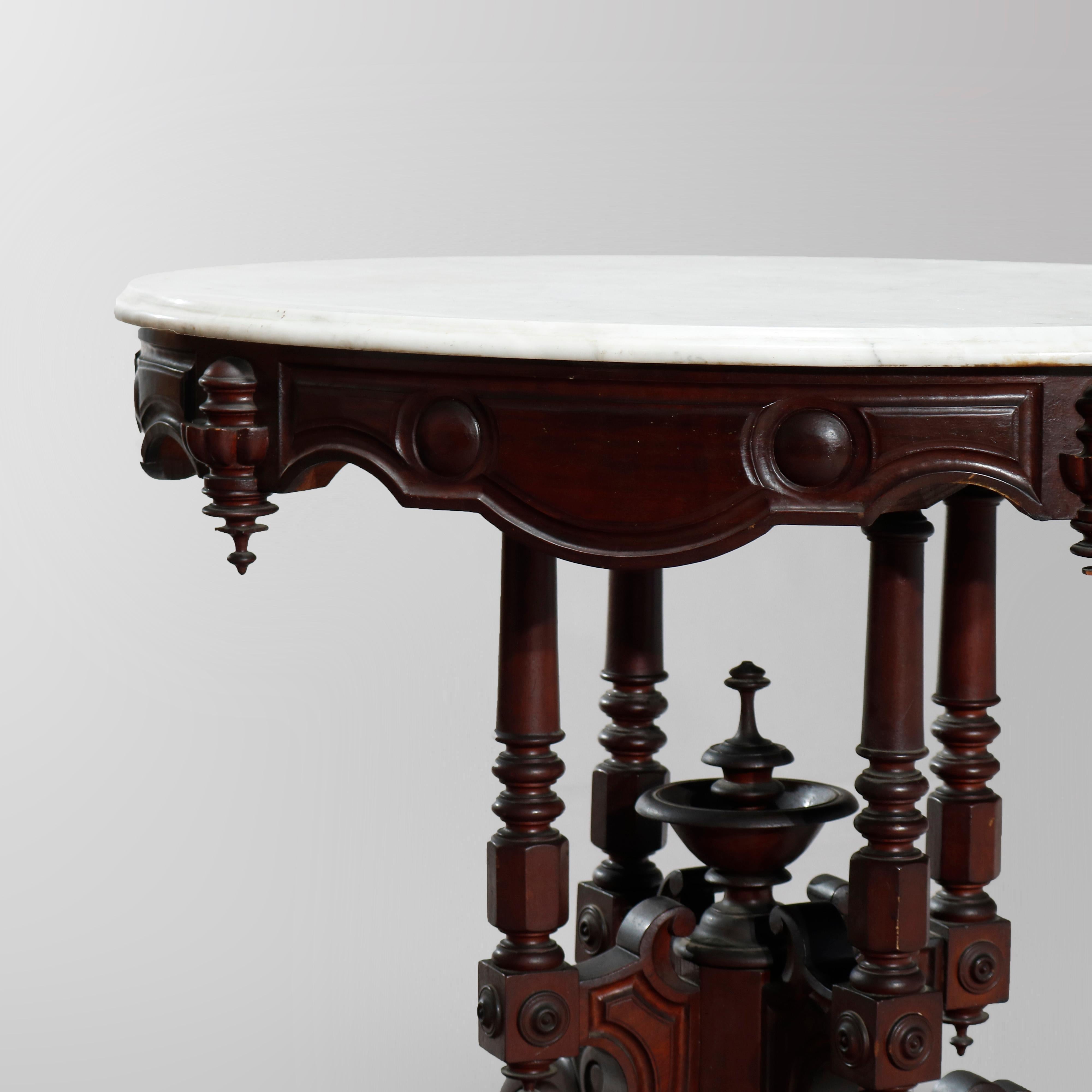 Antique Victorian Oval Carved Walnut Marble-Top Parlor Table, circa 1890 1