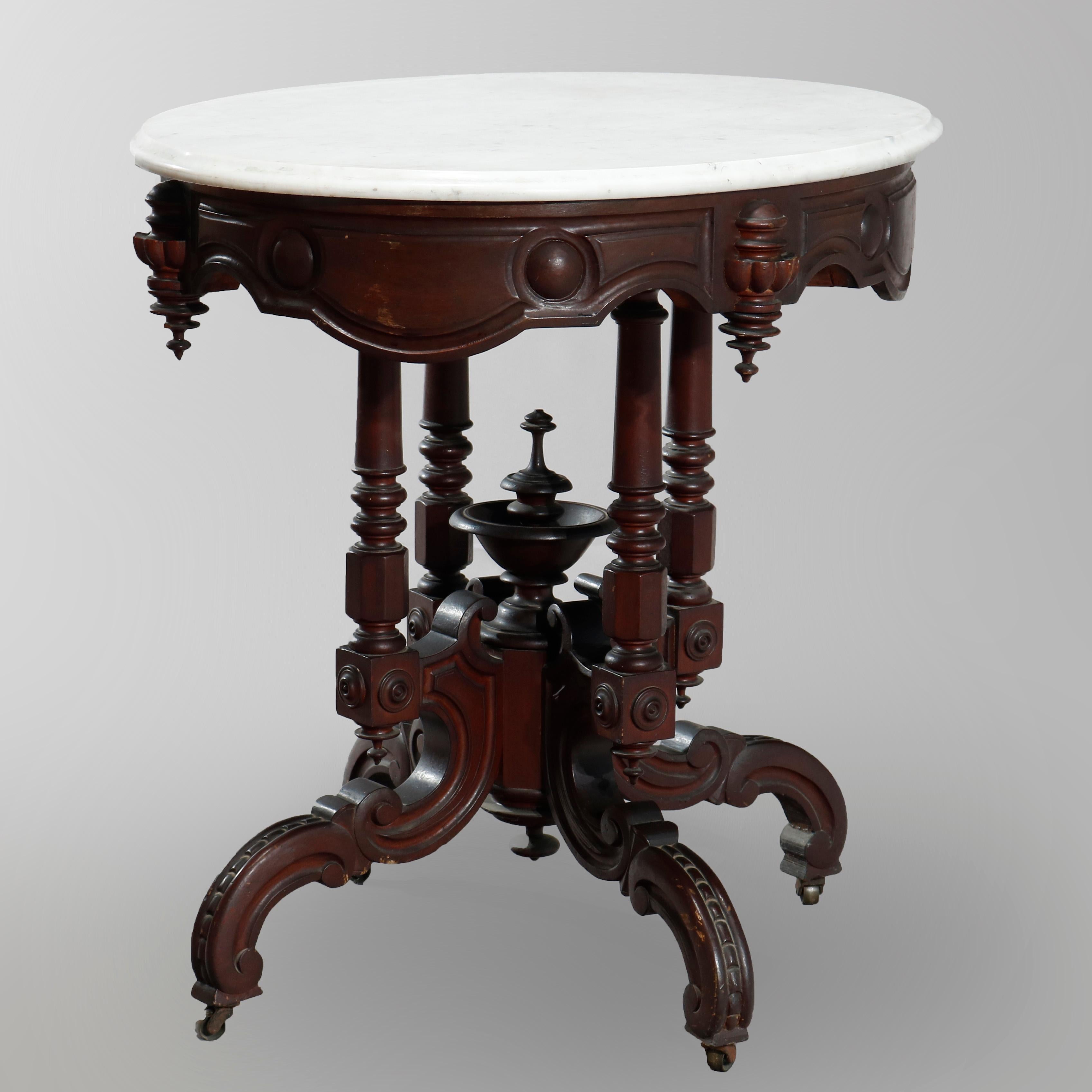 American Antique Victorian Oval Carved Walnut Marble-Top Parlor Table, circa 1890