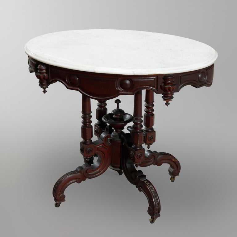 Antique Victorian Oval Carved Walnut MarbleTop Parlor Table, circa