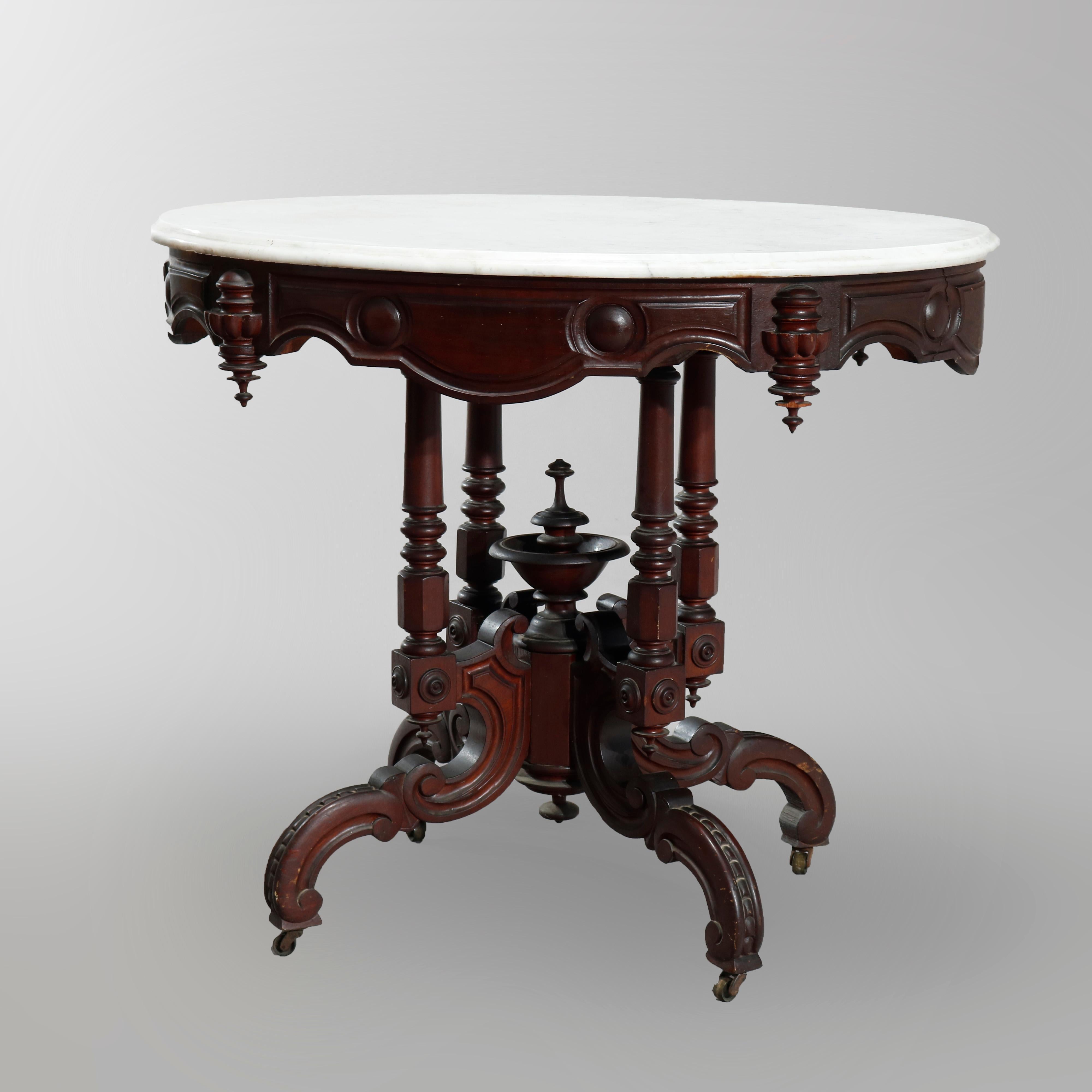 Antique Victorian Oval Carved Walnut Marble-Top Parlor Table, circa 1890 In Good Condition In Big Flats, NY