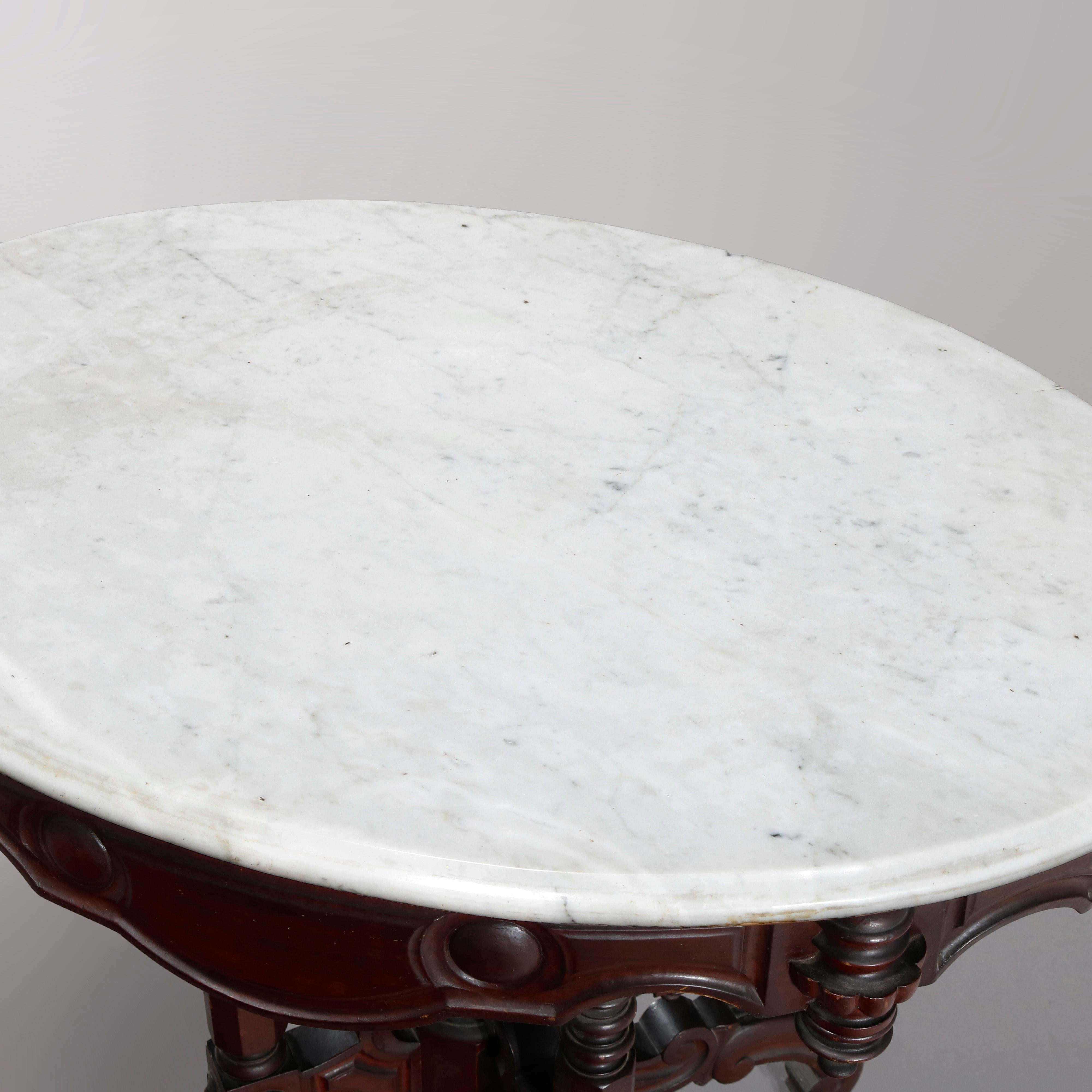 19th Century Antique Victorian Oval Carved Walnut Marble-Top Parlor Table, circa 1890