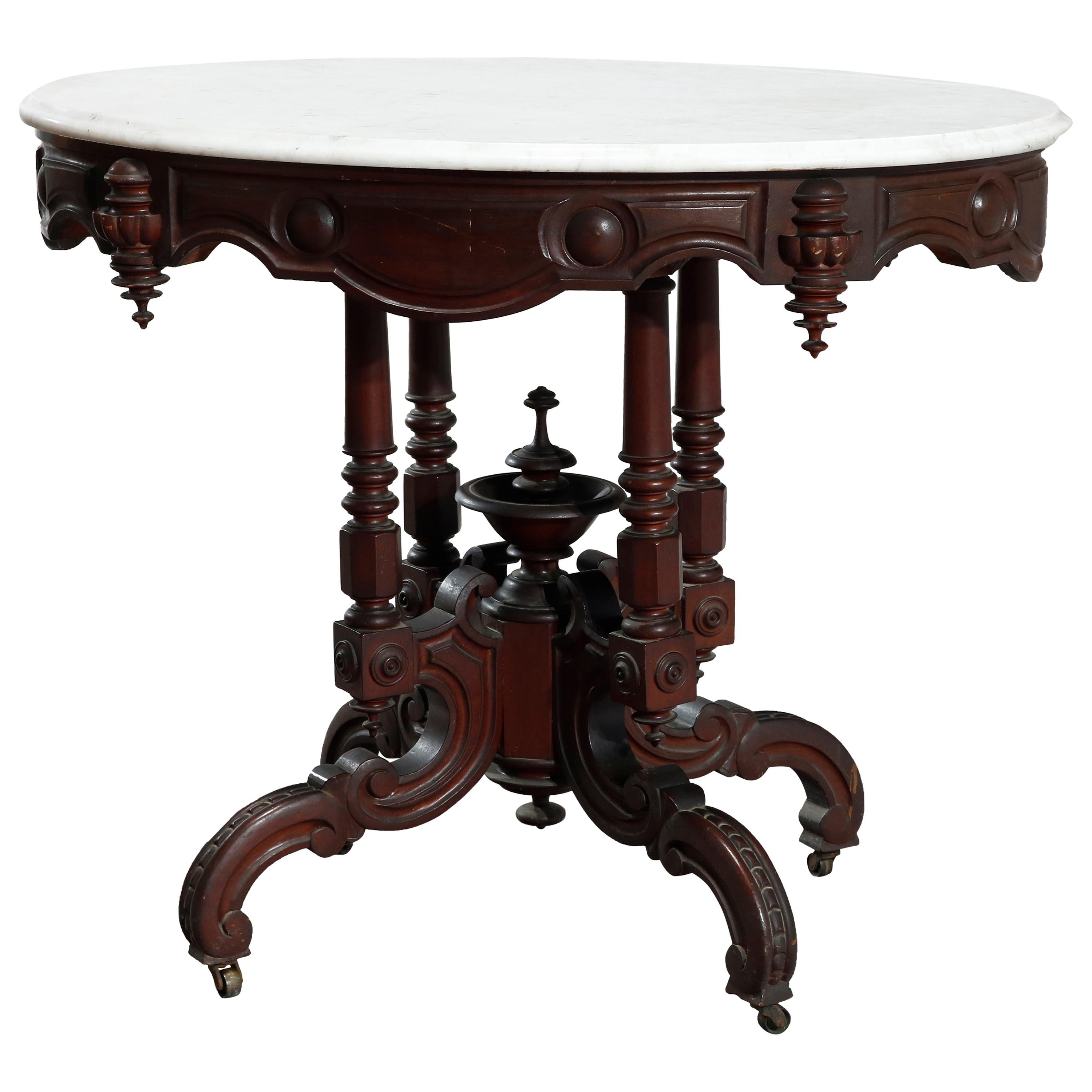 Antique Victorian Oval Carved Walnut Marble-Top Parlor Table, circa 1890