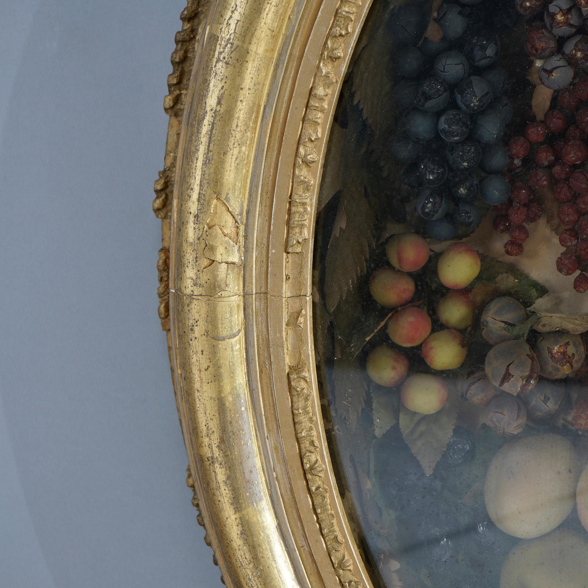 An antique Victorian shadow box offers oval giltwood frame having swag elements with interior wax fruit sculpture, 19th century.

Measures- 29.5''H x 25.5''W x 5.25''D