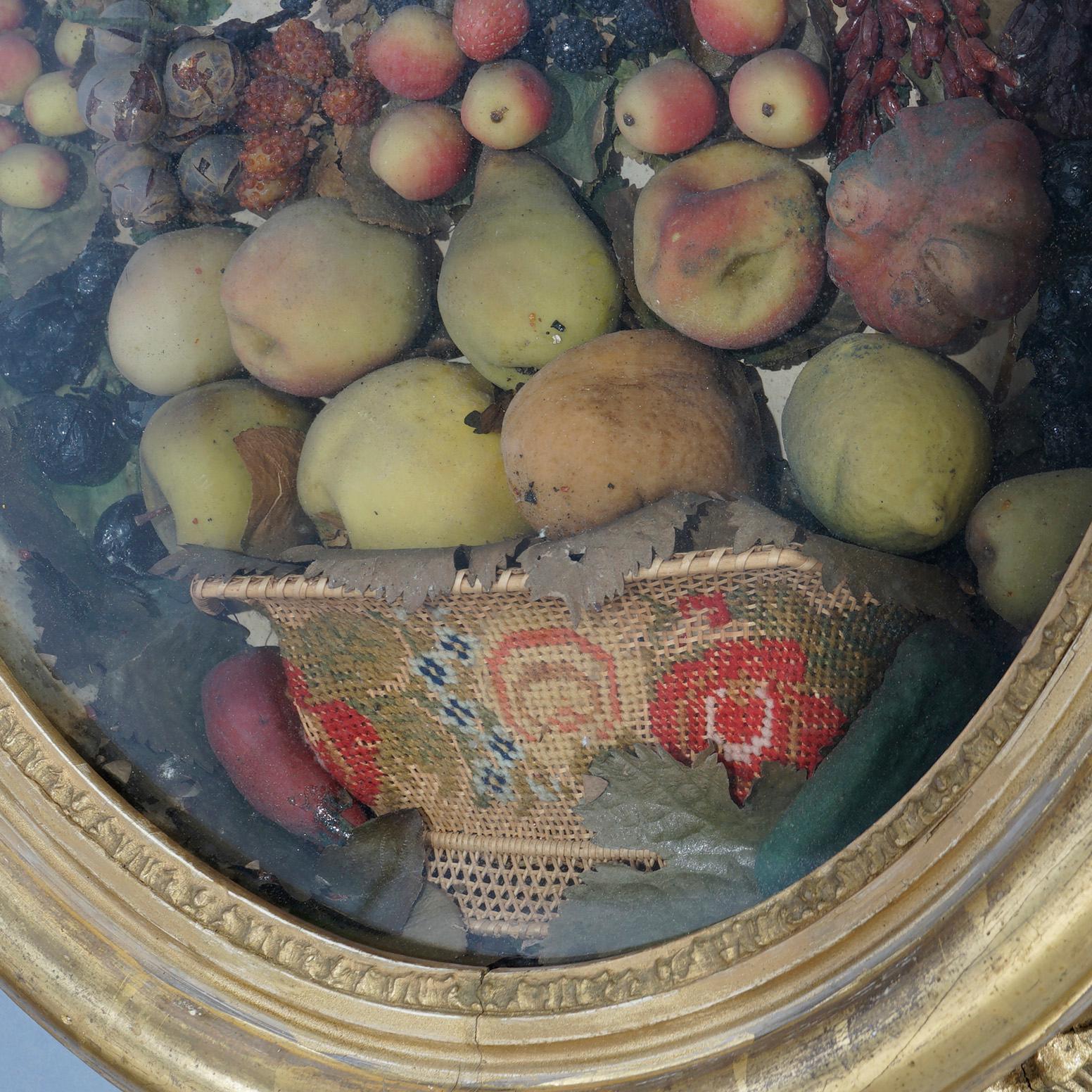 Antique Victorian Oval Giltwood Shadow Box Frame with Wax Fruit 19th C In Good Condition In Big Flats, NY