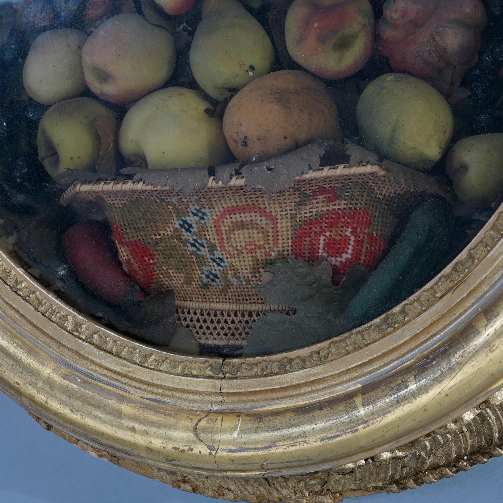 19th Century Antique Victorian Oval Giltwood Shadow Box Frame with Wax Fruit 19th C