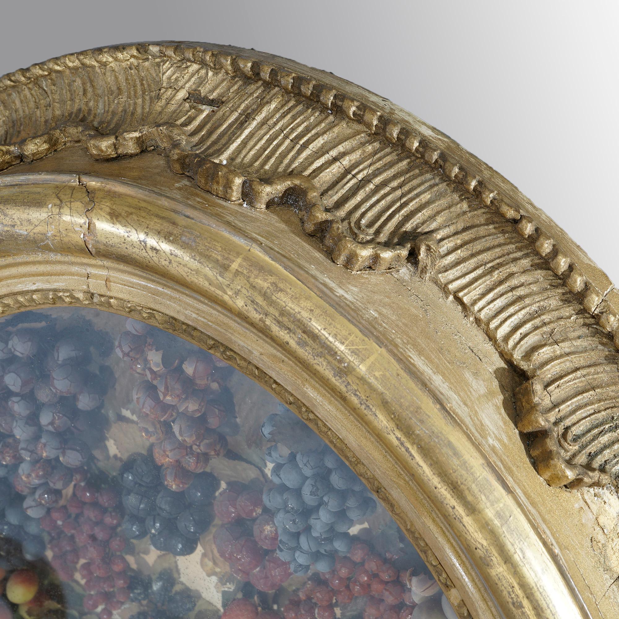Wood Antique Victorian Oval Giltwood Shadow Box Frame with Wax Fruit 19th C