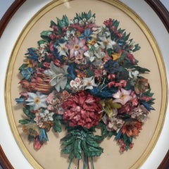 Antique Victorian Oval Mahogany Shadow Box Frame with Wax Flowers 19th C