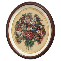Boîte d'ombre ovale victorienne ancienne en acajou avec fleurs en cire 19ème siècle