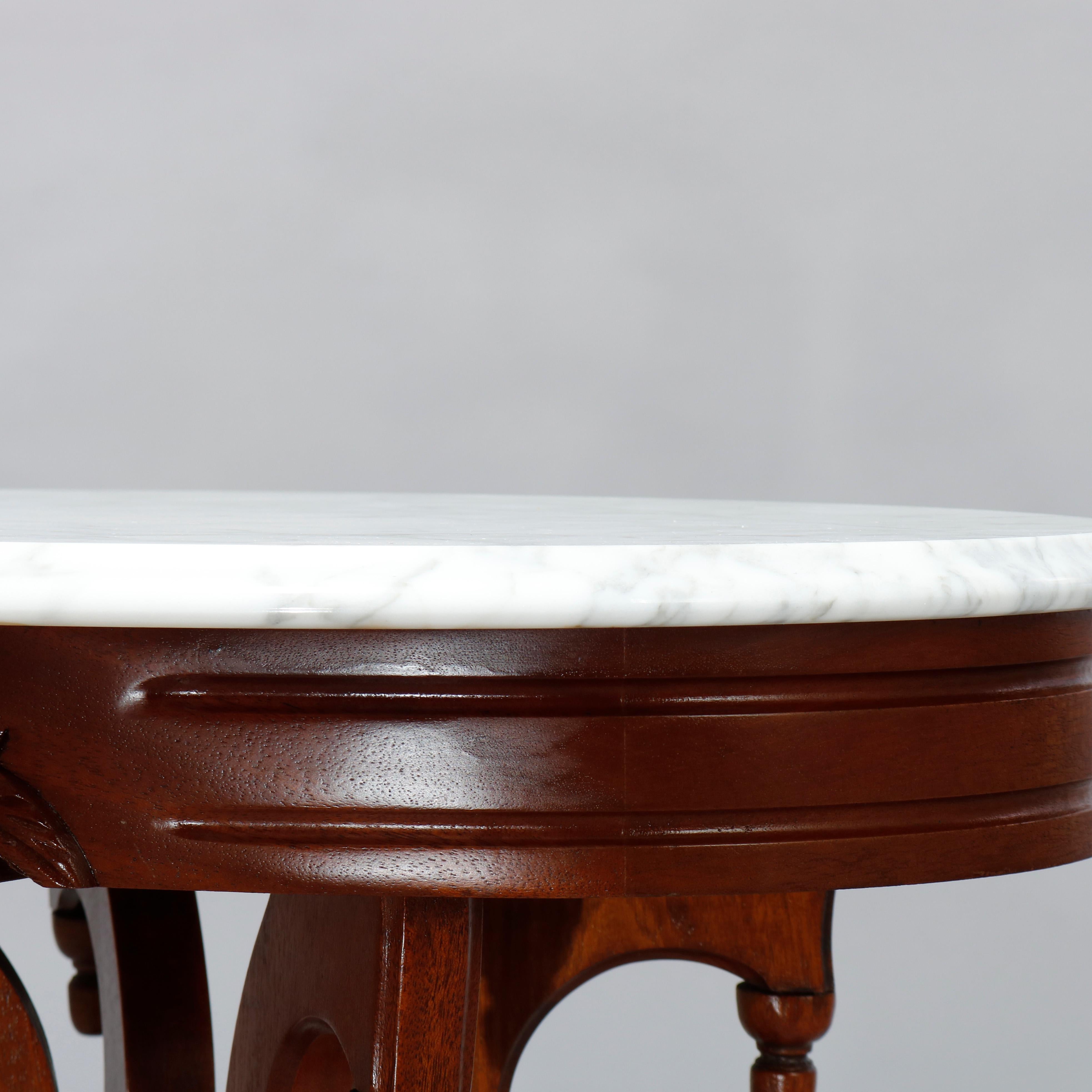 Carved Antique Victorian Oval Marble-Top Walnut Side Table, 20th C