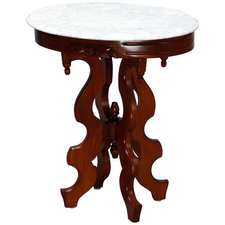 Antique Victorian Oval MarbleTop Walnut Side Table, 20th C at 1stDibs
