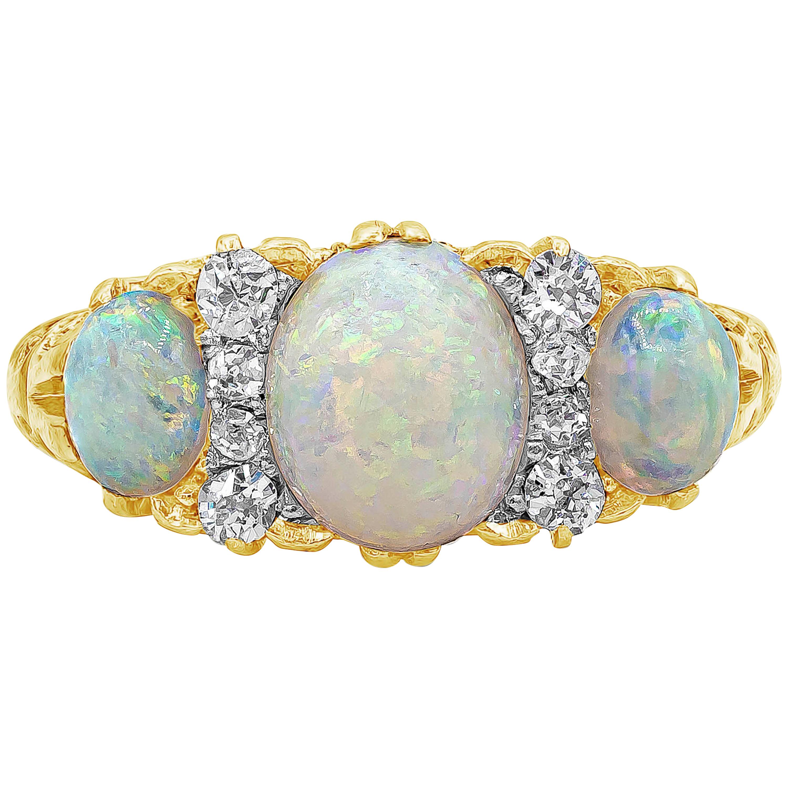 Antique Victorian Oval Opal and Diamond Three-Stone Fashion Ring