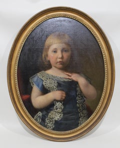 Antique Framed Victorian Oval Portrait Painting of a Young Girl