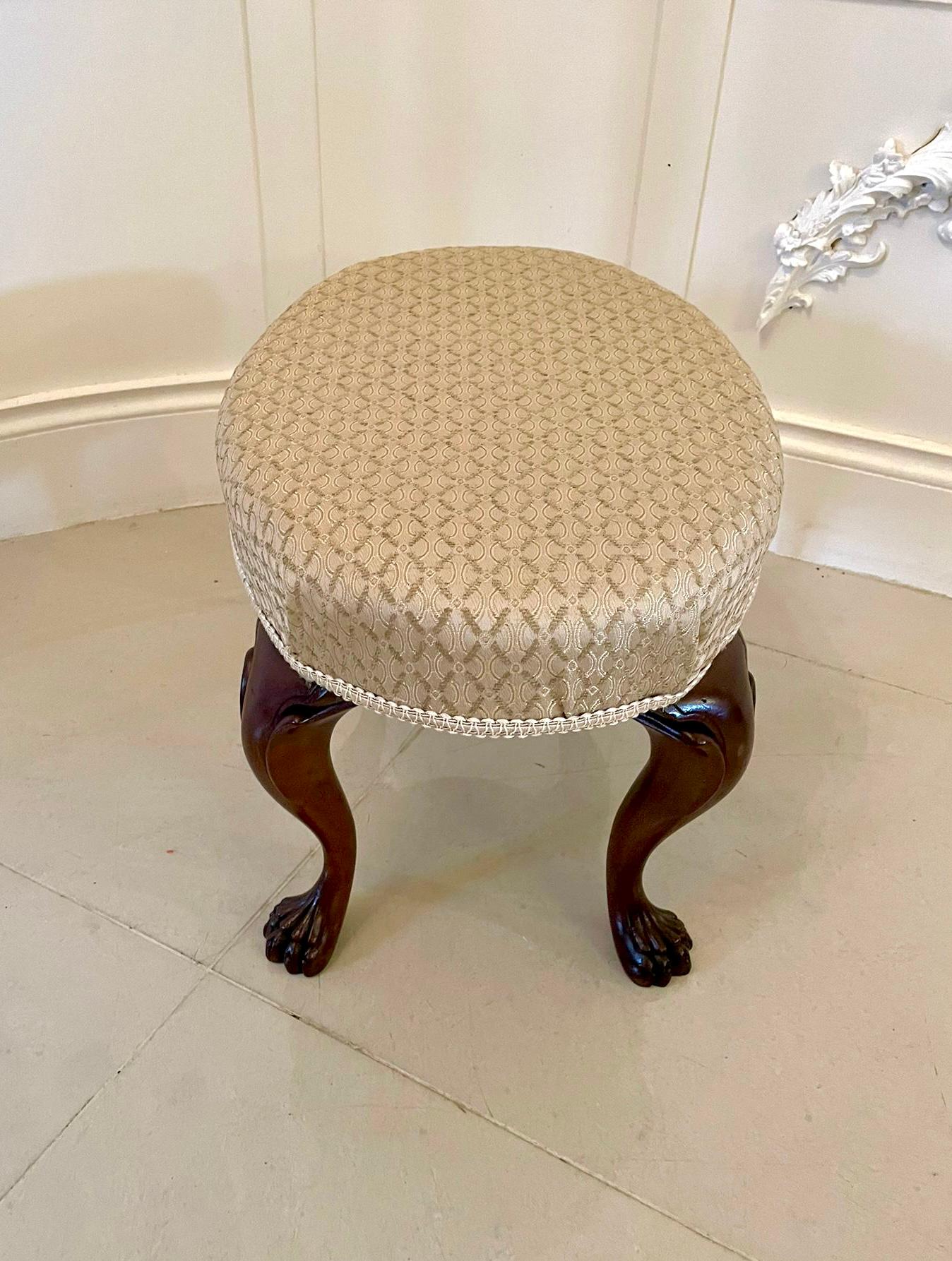 Antique Victorian oval shaped stool having quality shaped solid walnut cabriole legs with claw feet, oval shaped seat and reupholstered in a quality stylish fabric.

A charming example in lovely condition.
 
H 44cm
W 42cm 
D 33cm
Date 1890.
 
