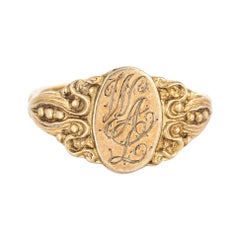 Used Victorian Oval Signet Ring 10 Karat Yellow Gold JR Wood Child Pinky