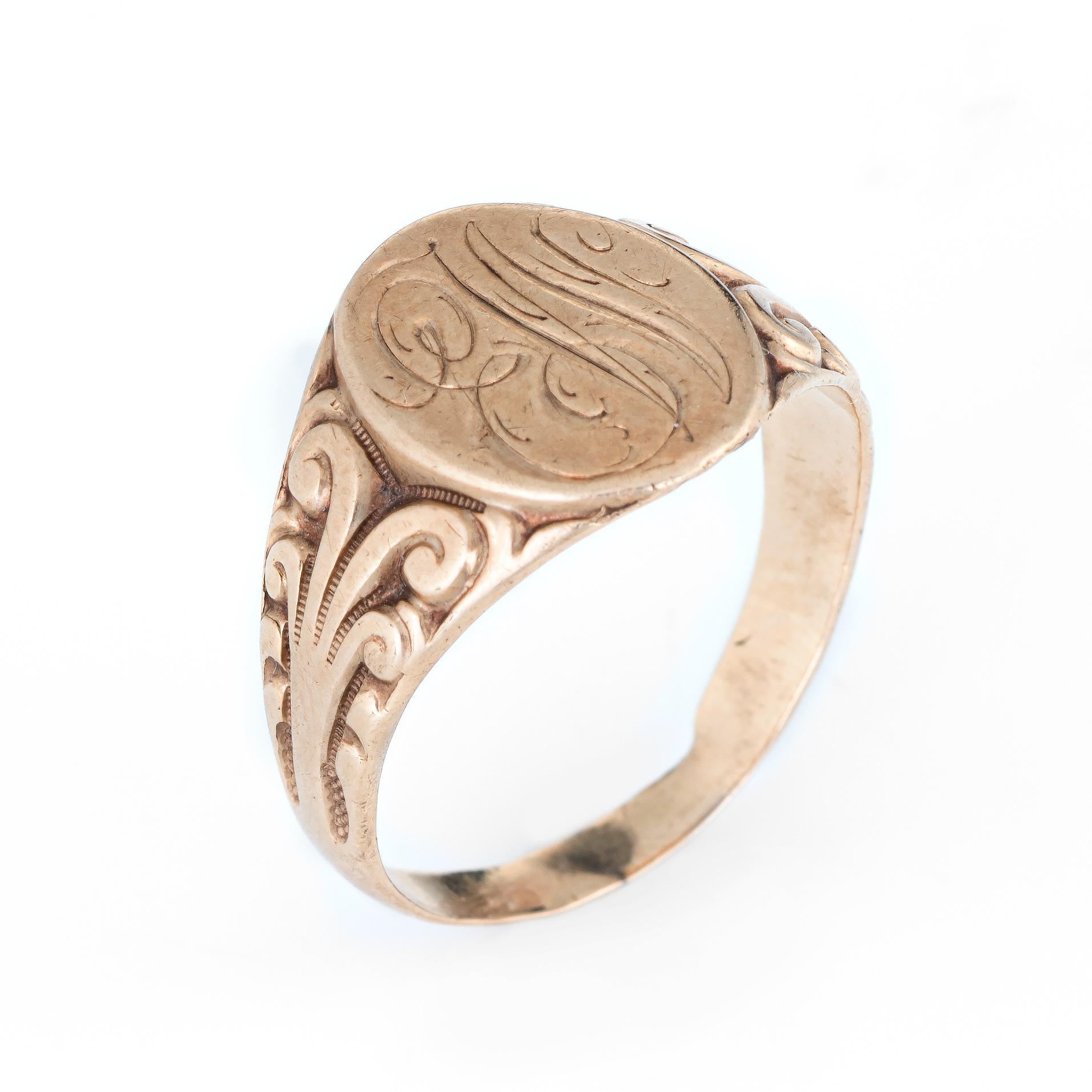 Lovely antique Victorian signet ring (circa 1880s to 1900s), crafted in 14 karat yellow gold. 

The center oval is inscribed (from what we can decipher) the letters 