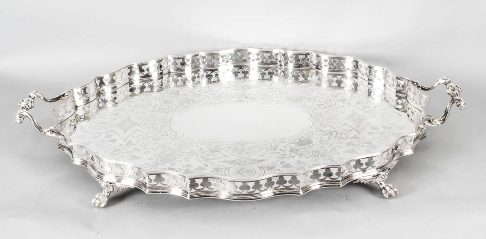 Antique Victorian Oval Silver Plated Gallery Tray, 19th Century 12