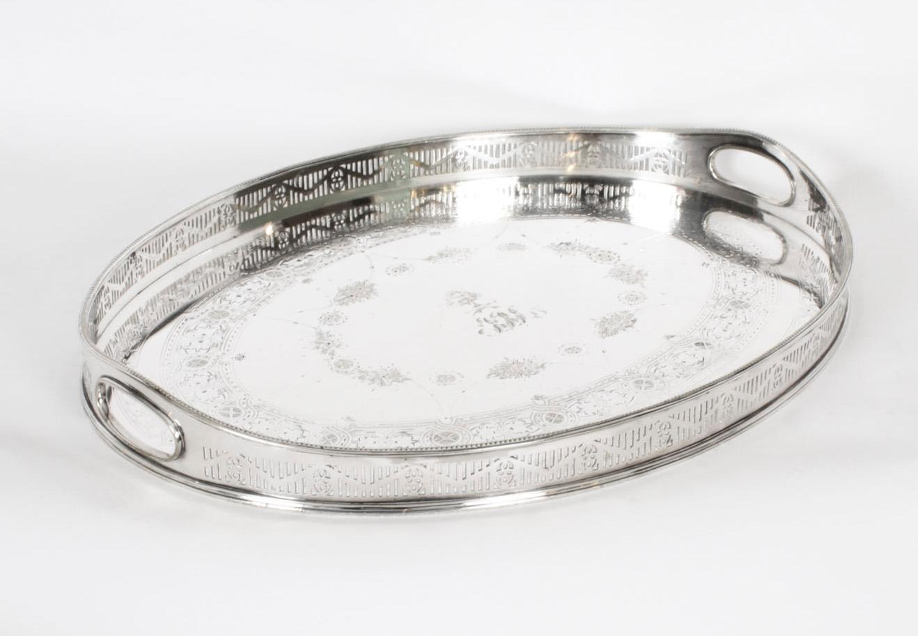 Antique Victorian Oval Silver Plated Gallery Tray 19th Century 16
