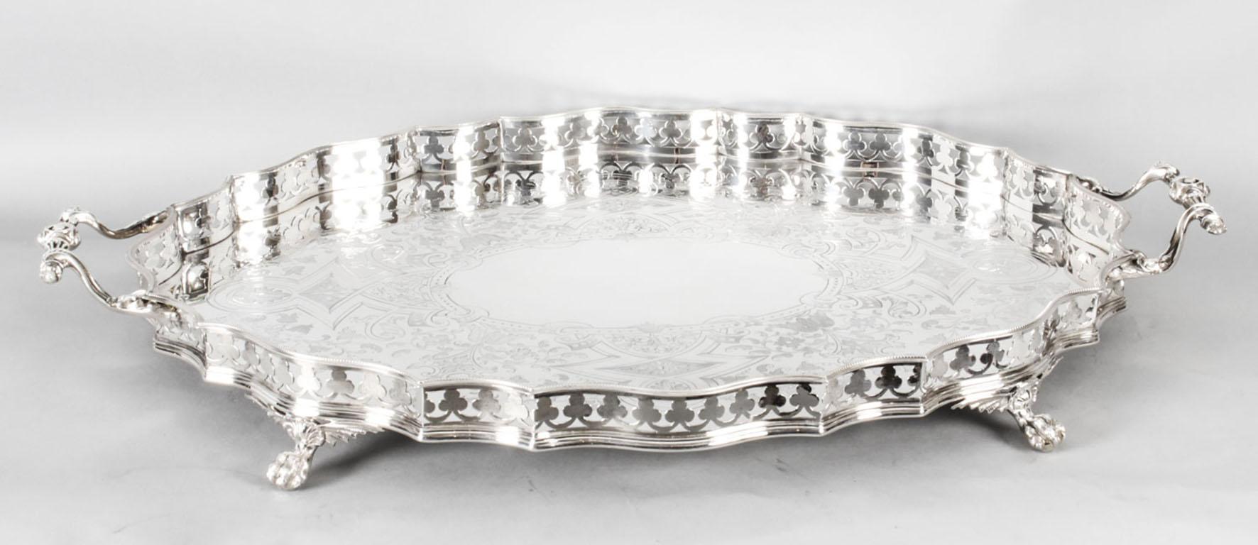 English Antique Victorian Oval Silver Plated Gallery Tray, 19th Century