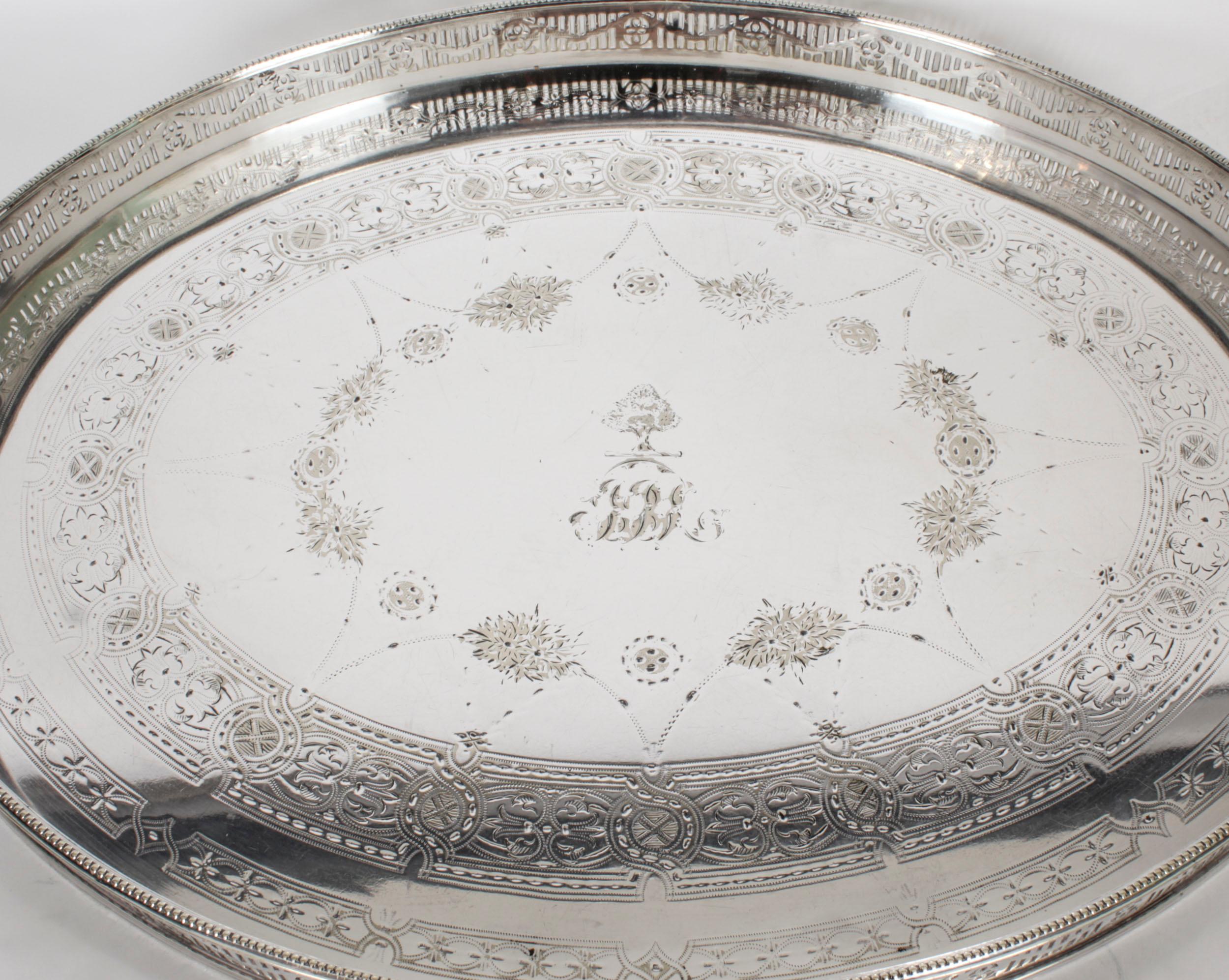 Late 19th Century Antique Victorian Oval Silver Plated Gallery Tray 19th Century