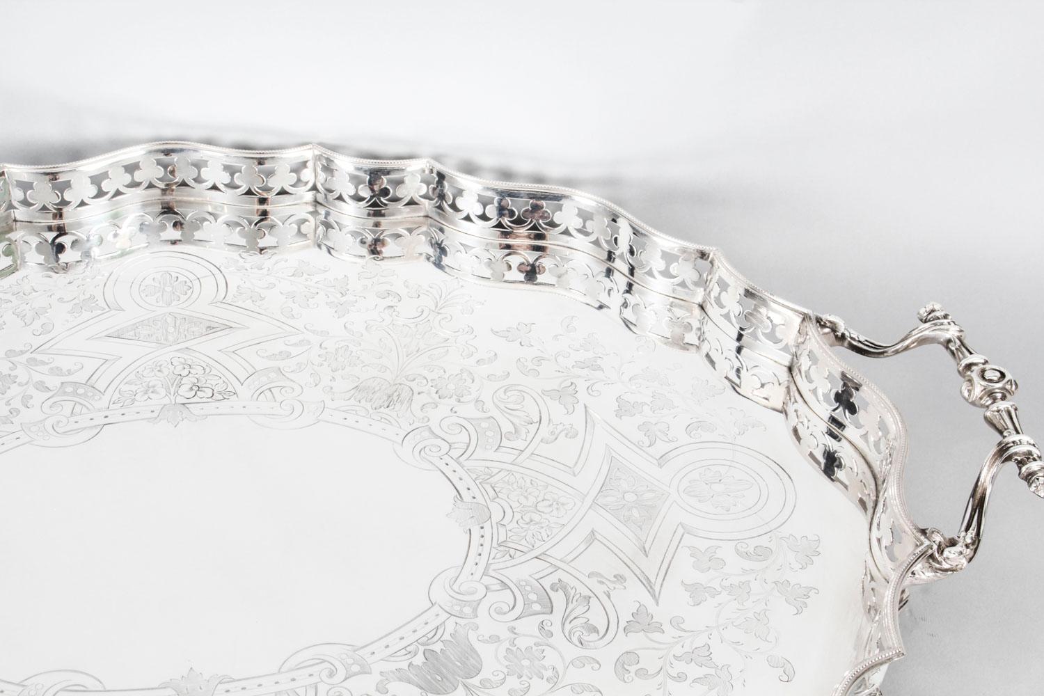 Late 19th Century Antique Victorian Oval Silver Plated Gallery Tray, 19th Century