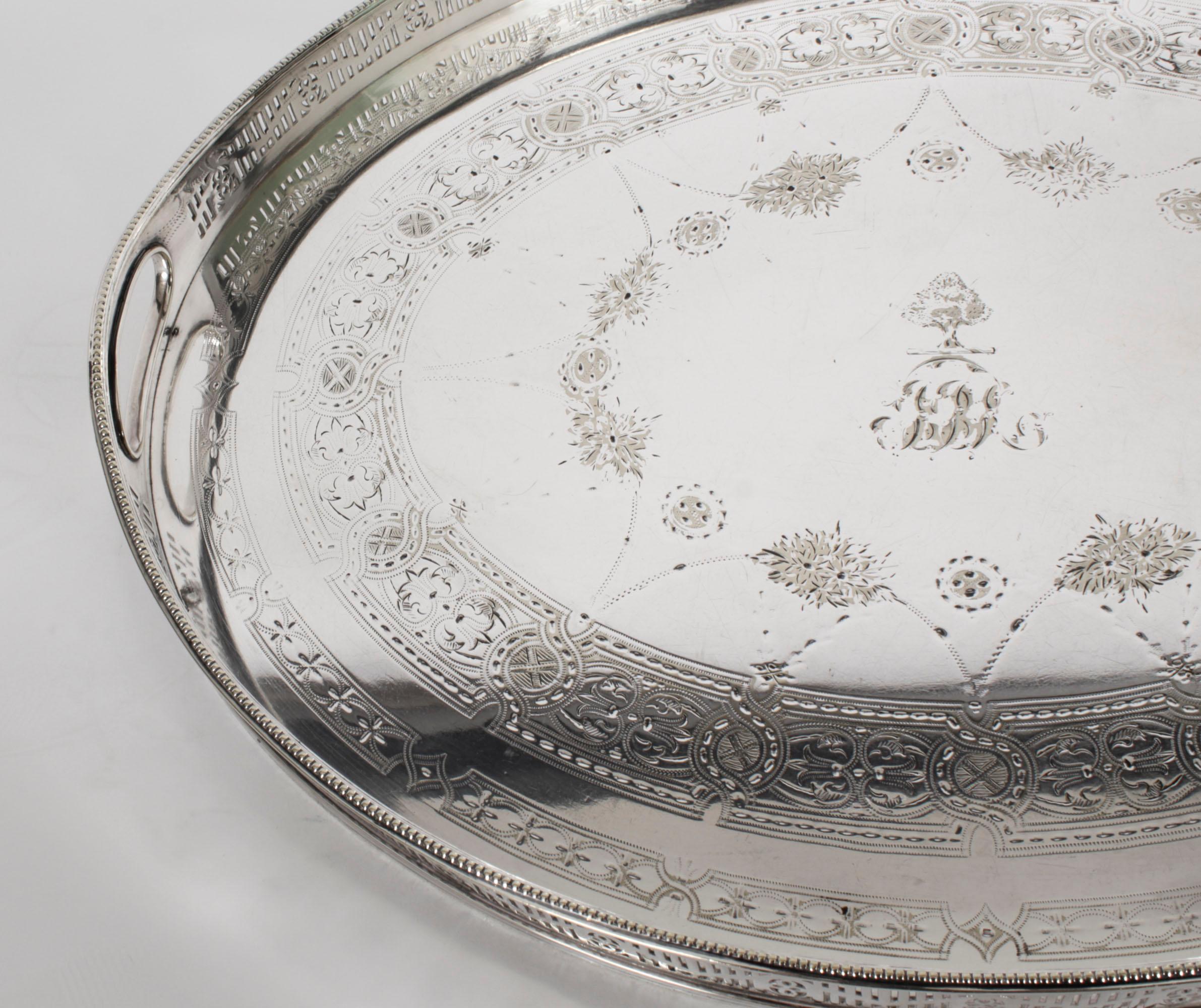 Antique Victorian Oval Silver Plated Gallery Tray 19th Century 2