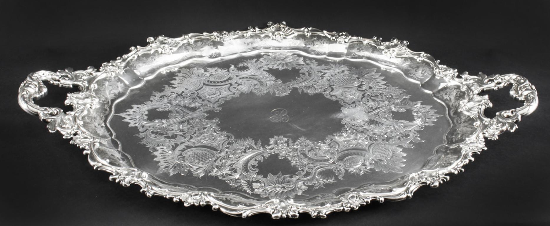 English Antique Victorian Oval Silver Plated Tray by Manoah Rhodes, 19th Century