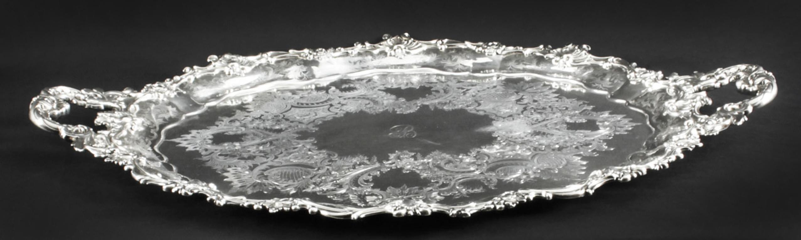 Antique Victorian Oval Silver Plated Tray by Manoah Rhodes, 19th Century In Good Condition In London, GB