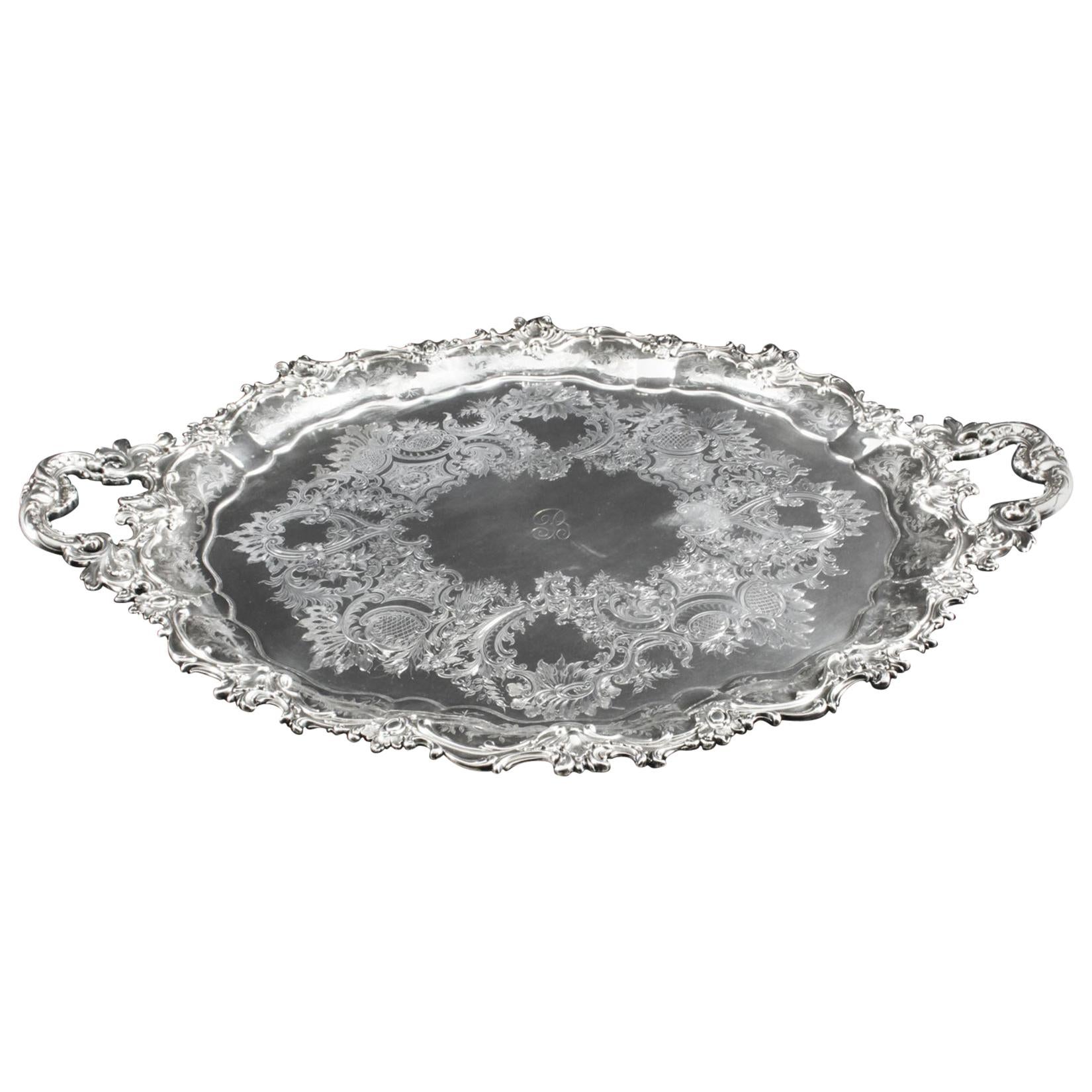 Antique Victorian Oval Silver Plated Tray by Manoah Rhodes, 19th Century
