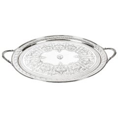 Antique Victorian Oval Silver Plated Twin Handled Tray 1870, 19th Century