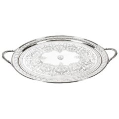 Antique Victorian Oval Silver Plated Twin Handled Tray 1870, 19th Century