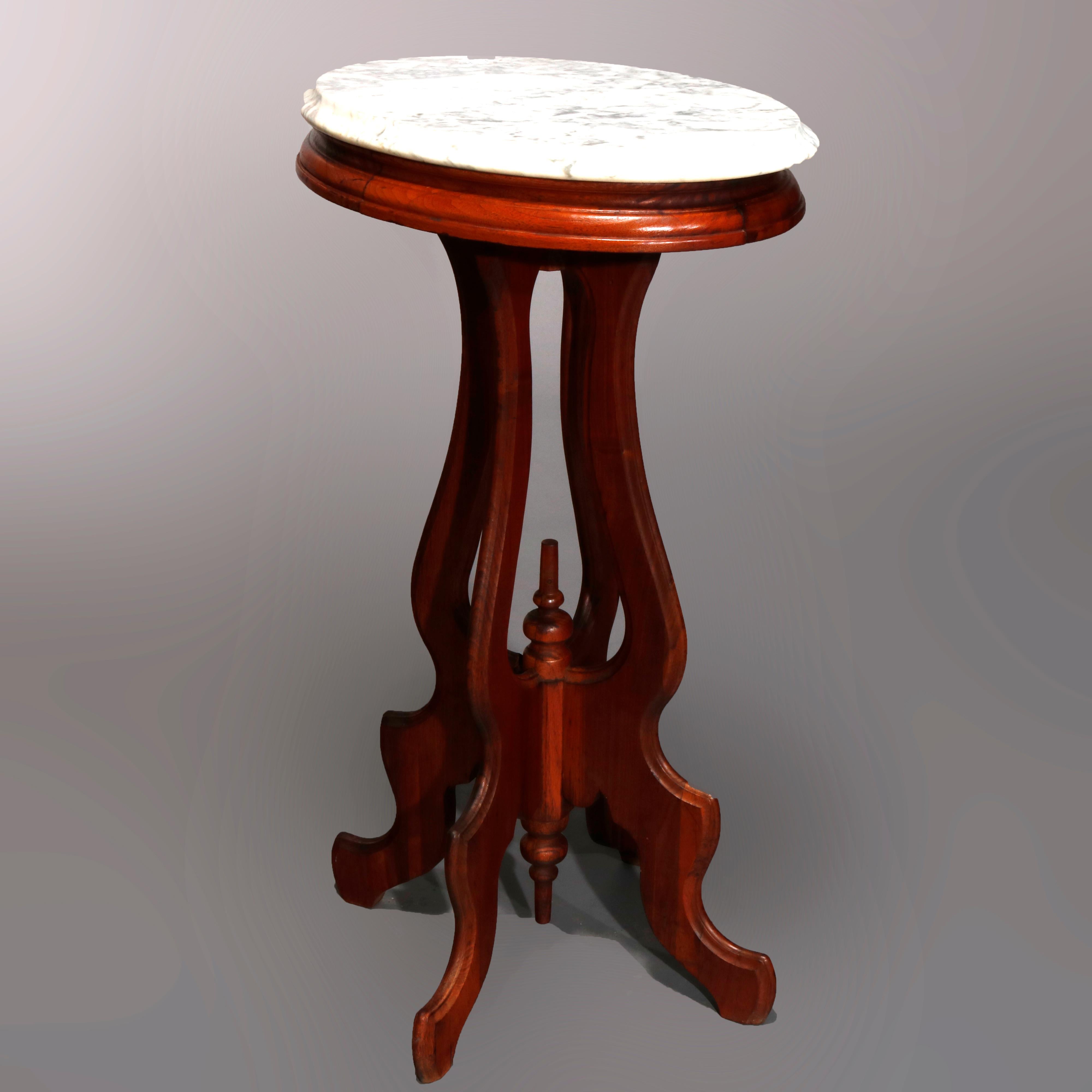 American Antique Victorian Oval Walnut Marble Top Plant Stand, circa 1900