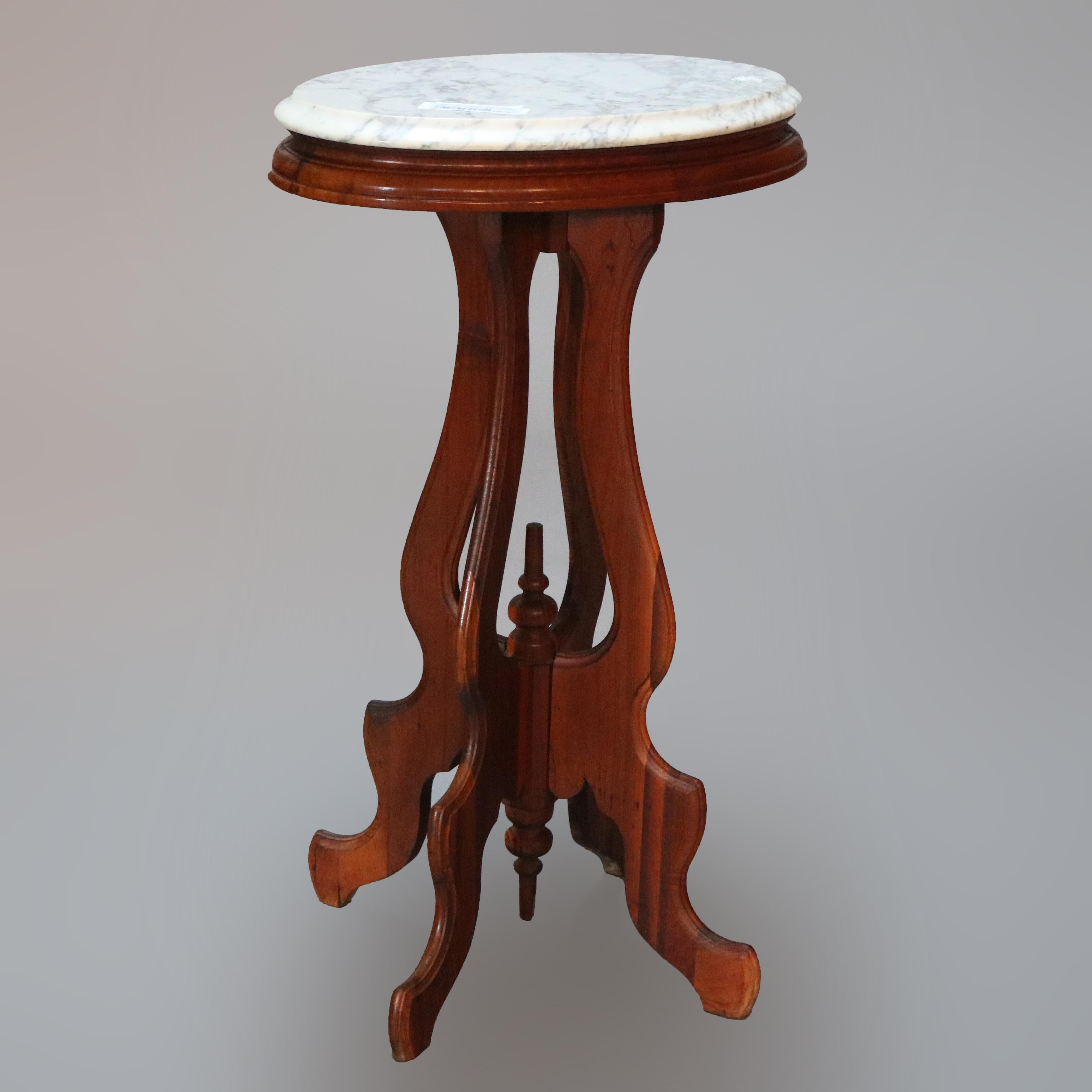 Beveled Antique Victorian Oval Walnut Marble Top Plant Stand, circa 1900