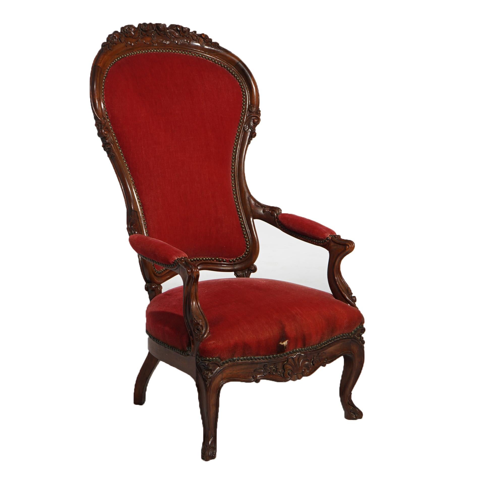 Upholstery Antique Victorian Oversized Carved Walnut Armchair, C1890 For Sale