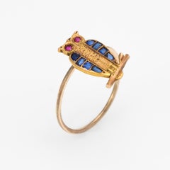 Antique Victorian Owl Conversion Ring Sapphire Ruby 10 Karat Gold Fine Jewelry