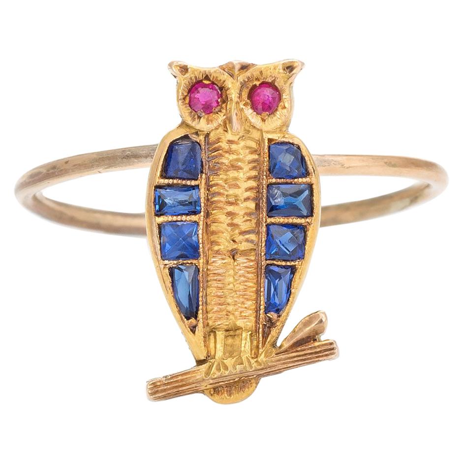 Antique Victorian Owl Conversion Ring Sapphire Ruby 10 Karat Gold Fine Jewelry