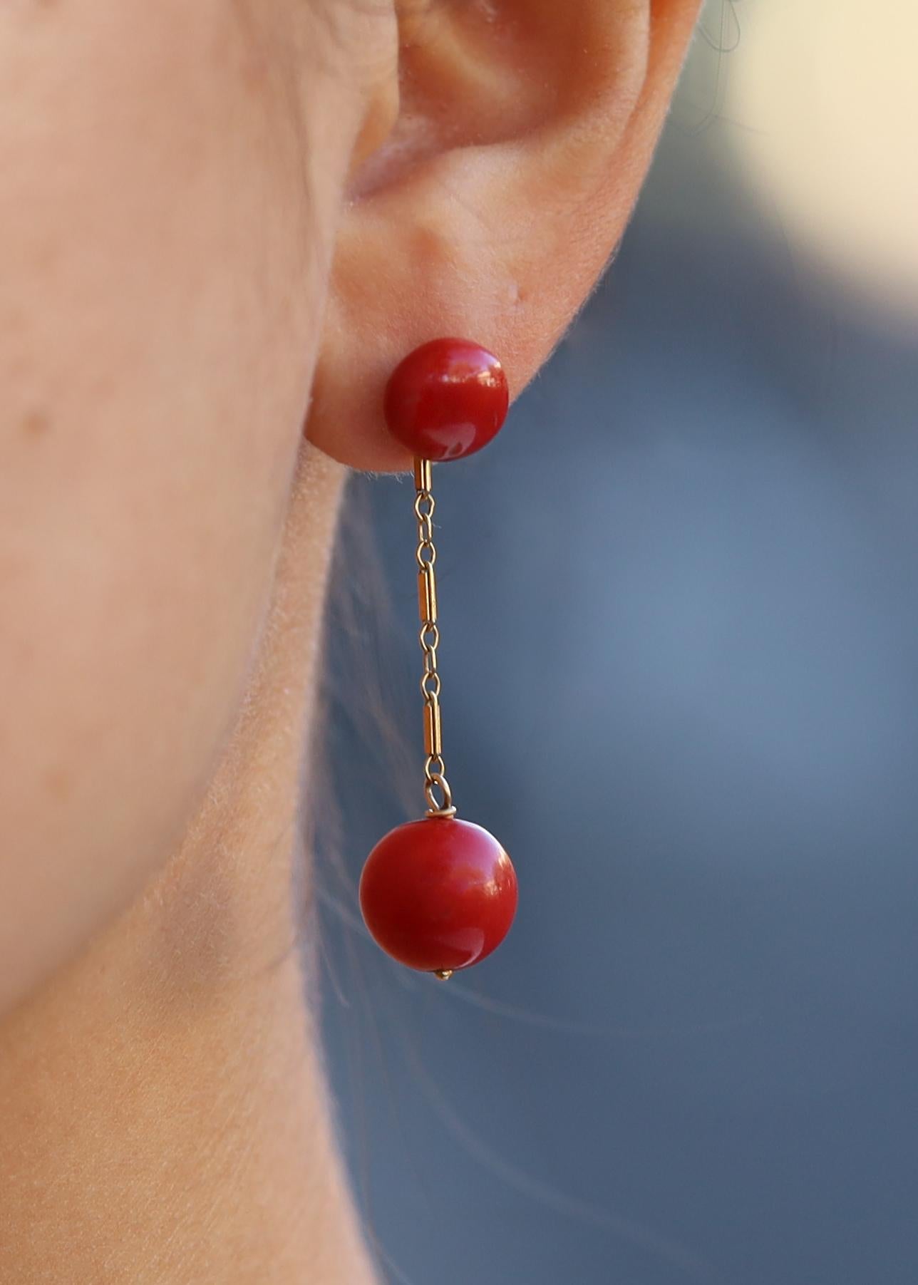 Cabochon Antique Victorian Ox Blood Red Coral Drop Earrings For Sale