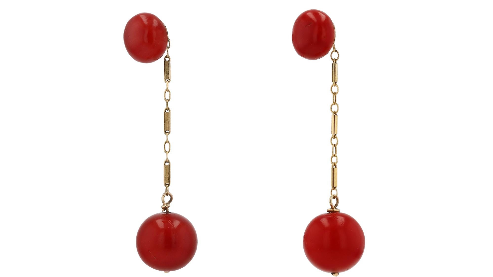 Antique Victorian Ox Blood Red Coral Drop Earrings In Good Condition For Sale In Santa Barbara, CA
