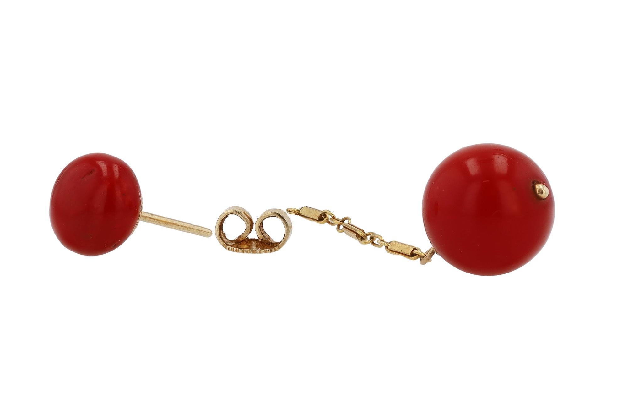 Women's or Men's Antique Victorian Ox Blood Red Coral Drop Earrings For Sale