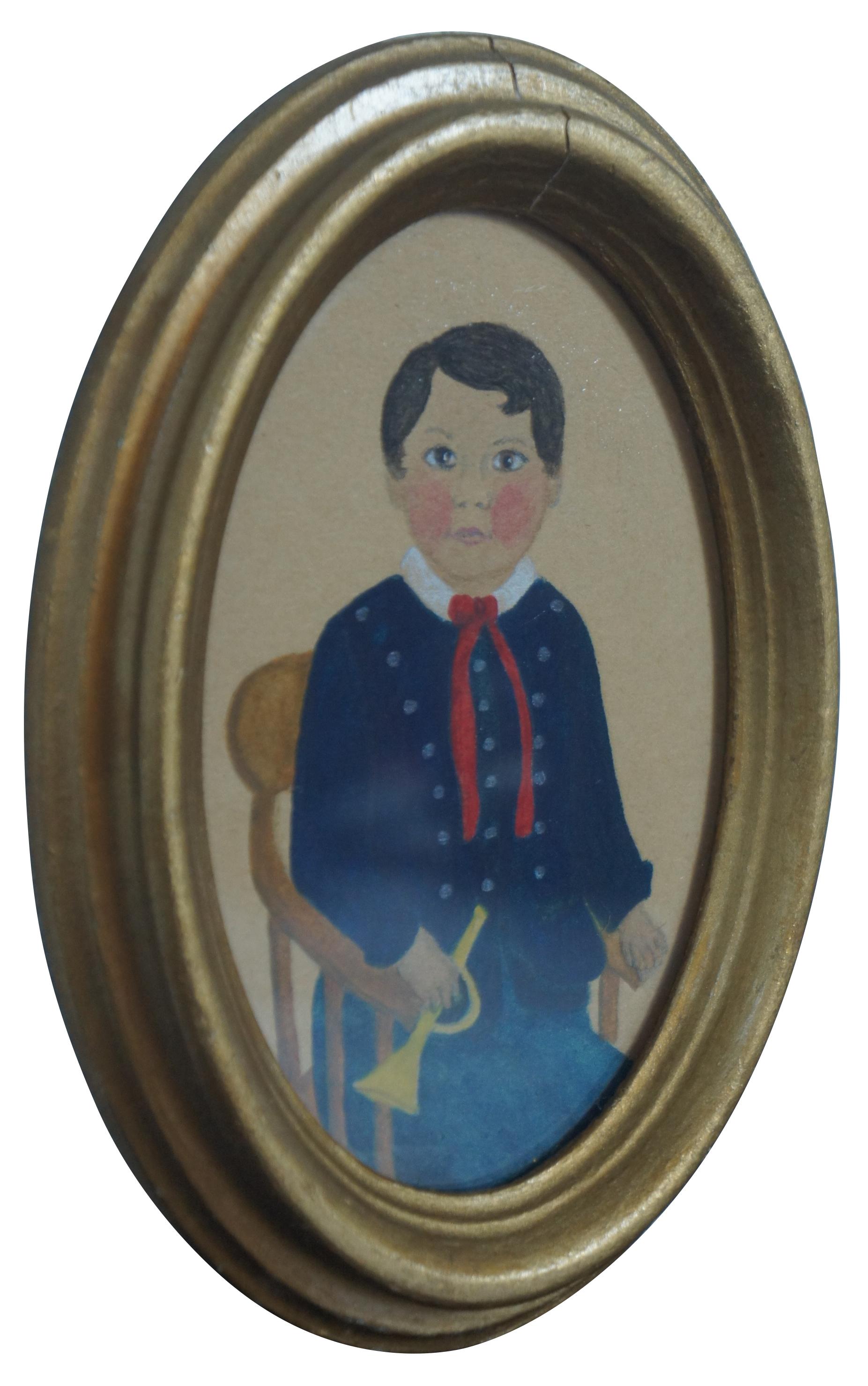 Antique Victorian Americana watercolor portrait of a young boy dressed in blue and holding a horn. Signed P. Hackett on the back of the frame.