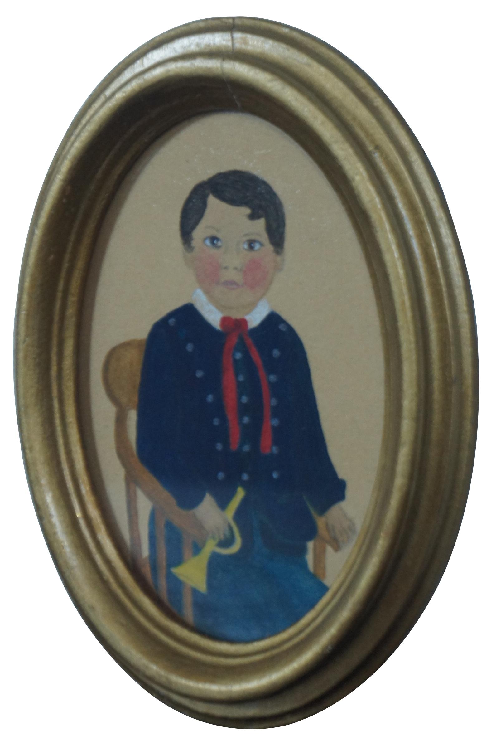 Folk Art Antique Victorian P. Hackett Americana Watercolor Painting School Boy with Horn For Sale